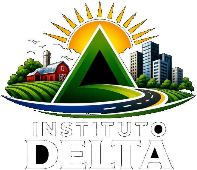 Logo do Instituto Delta: o Δ verde sob o sol, entre o campo e a cidade, ligados por uma estrada